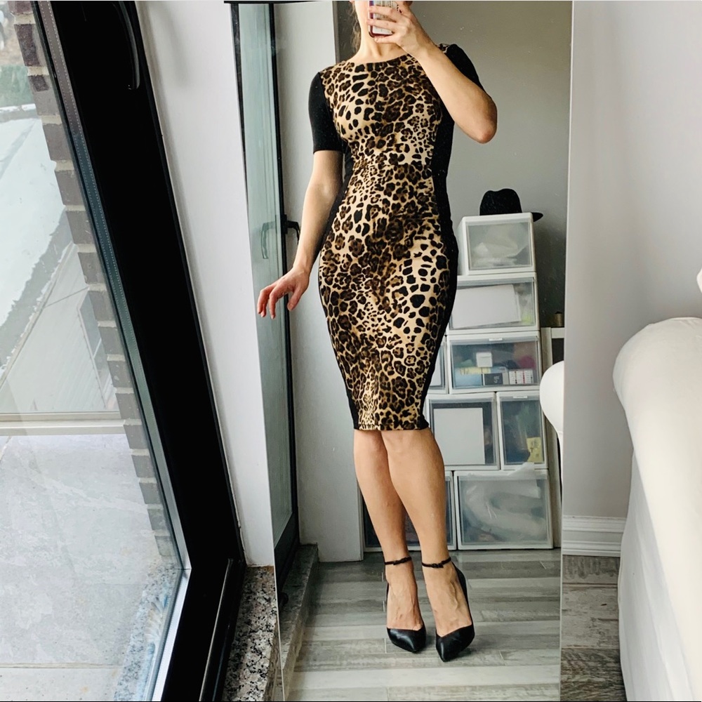 House CB x Warehouse Animal Print Leopard Bodycon Shaper Black Side Line Dress